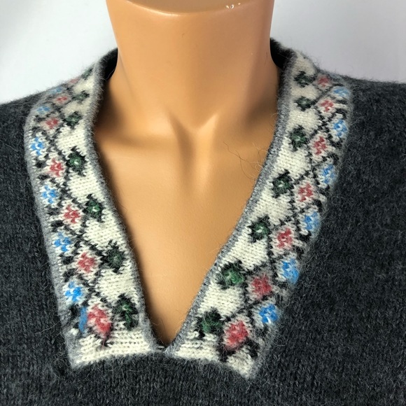 Alpaca wool gray v-neck warm knit sweater border L - Picture 3 of 8